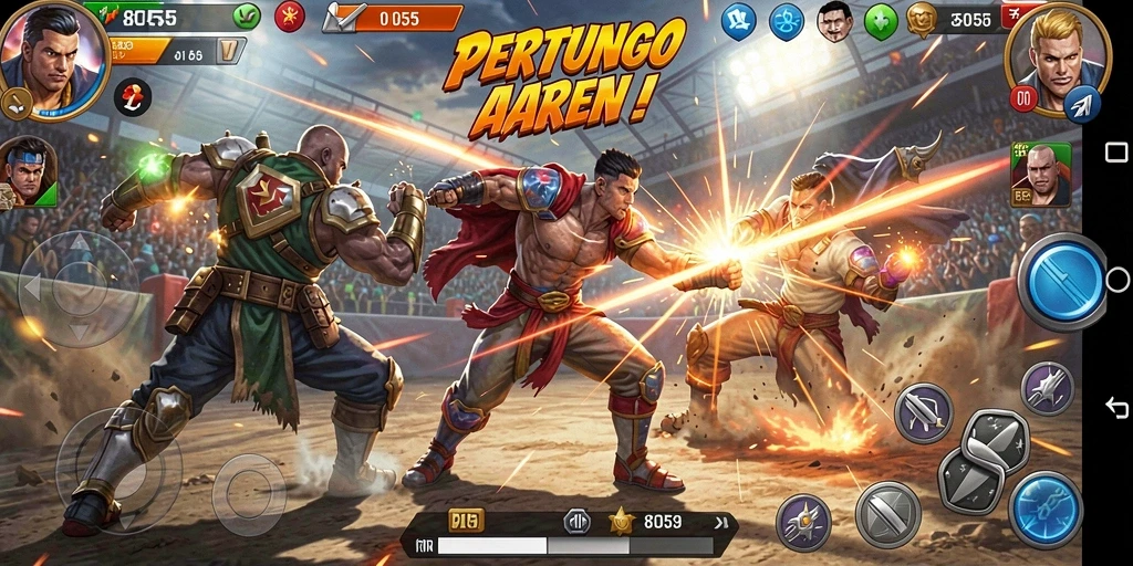 Tangkapan layar dari gameplay intens dalam 8055, menunjukkan pertarungan seru.