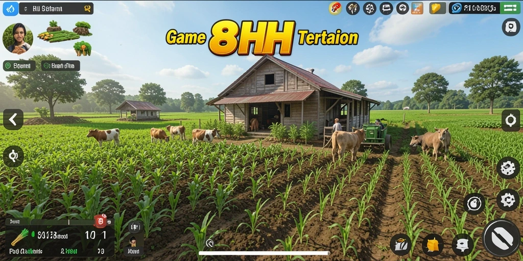 Tampilan screenshot gameplay 8HHH dengan ladang subur dan aktivitas bertani.