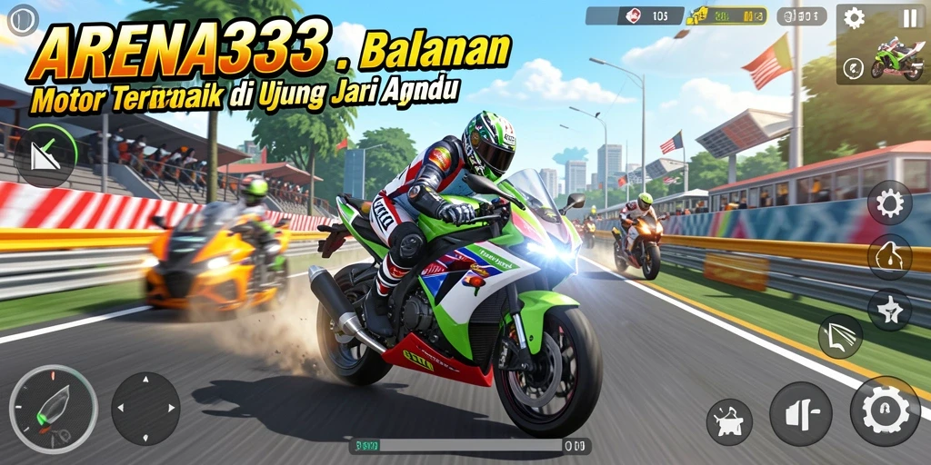 Tampilan balapan seru dengan sepeda motor dan trek menarik.