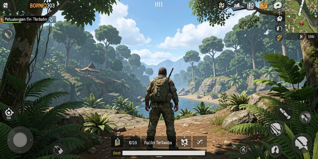 Screenshot utama BORNEO303 menampilkan pemandangan luas dan indah dalam gameplay Open World.