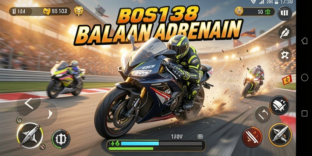 Screenshot menarik menampilkan aksi balapan motor di sirkuit.