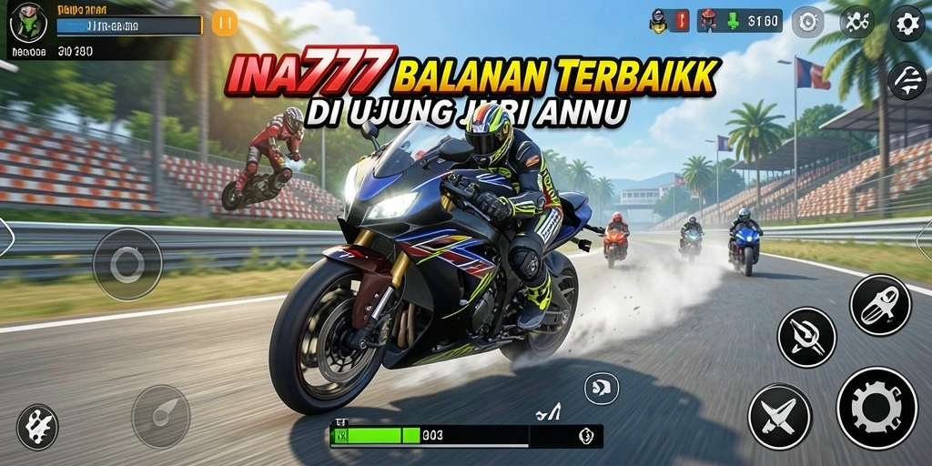 Screenshot menunjukkan aksi balapan motor yang mendebarkan di INA777.