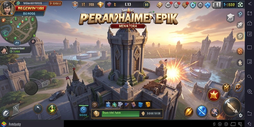 Screenshot utama MEGEWIN188 menampilkan serangan menara yang megah dan strategi perang.