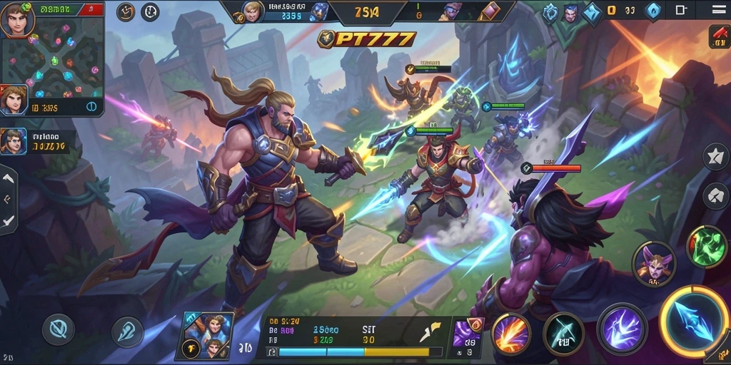 Screenshot gameplay PT777 menampilkan aksi seru pertempuran MOBA.