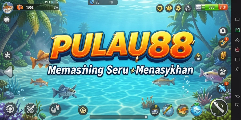 Screenshot PULAU88 menampilkan momen seru saat menangkap ikan dengan latar belakang laut yang cantik.