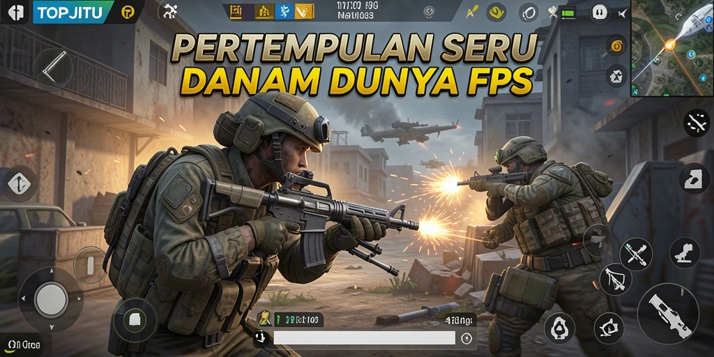 Tangkapan layar utama menunjukkan aksi tembak-menembak yang intens.